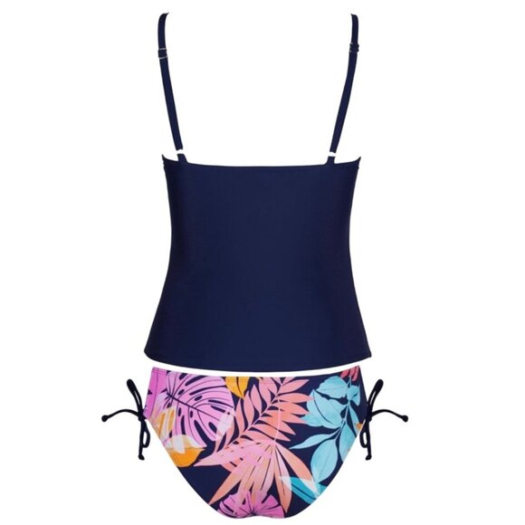 Cupshe Women’s Tankini Swimsuit S Blue Tropical 2 Piece Scoop Neck UPF 30 Tie - Picture 5 of 9